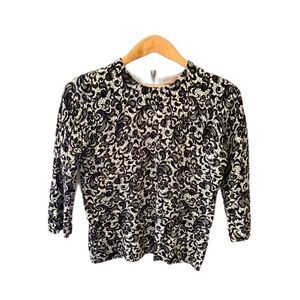 Philosophy Women’s White Black Lace Print 3/4 Sleeve Back Zip Sweater Top Sz M